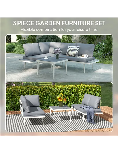 Outsunny 3 Piece Garden Furniture Set with 5-Level Adjustable Lounger, L Shaped Garden Corner Sofa with Cushions, Mesh Seat, Sla