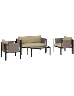 Outsunny 4 Piece Metal Garden Furniture Set with Tempered Glass Coffee Table, Texteline Pocket, Outdoor Set Loveseat Single Armc