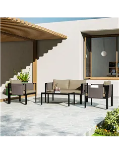 Outsunny 4 Piece Metal Garden Furniture Set with Tempered Glass Coffee Table, Texteline Pocket, Outdoor Set Loveseat Single Armc 2
