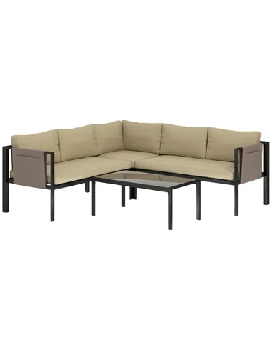 Outsunny 5 Seater Garden Corner Sofa Set, 4 Pieces Metal Garden Furniture Set with Loveseats, Glass Top Coffee Table, Breathable