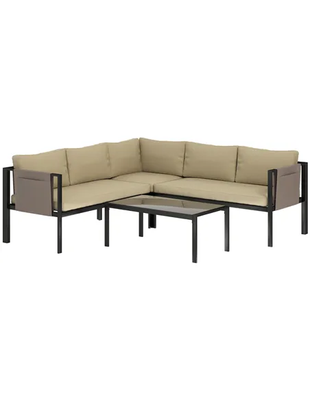 Outsunny 5 Seater Garden Corner Sofa Set, 4 Pieces Metal Garden Furniture Set with Loveseats, Glass Top Coffee Table, Breathable