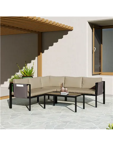 Outsunny 5 Seater Garden Corner Sofa Set, 4 Pieces Metal Garden Furniture Set with Loveseats, Glass Top Coffee Table, Breathable