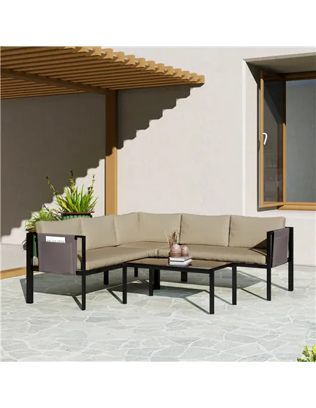 Outsunny 5 Seater Garden Corner Sofa Set, 4 Pieces Metal Garden Furniture Set with Loveseats, Glass Top Coffee Table, Breathable