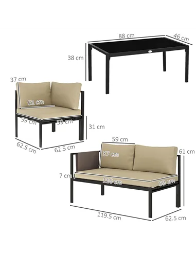 Outsunny 5 Seater Garden Corner Sofa Set, 4 Pieces Metal Garden Furniture Set with Loveseats, Glass Top Coffee Table, Breathable