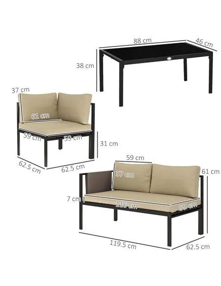 Outsunny 5 Seater Garden Corner Sofa Set, 4 Pieces Metal Garden Furniture Set with Loveseats, Glass Top Coffee Table, Breathable