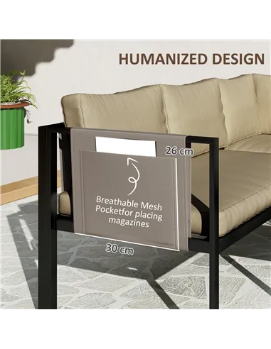 Outsunny 5 Seater Garden Corner Sofa Set, 4 Pieces Metal Garden Furniture Set with Loveseats, Glass Top Coffee Table, Breathable