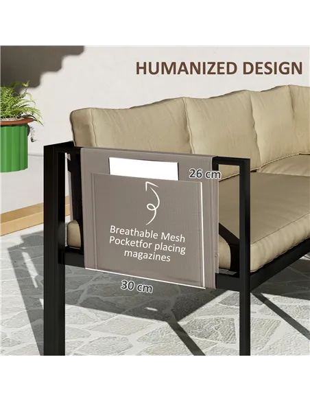 Outsunny 5 Seater Garden Corner Sofa Set, 4 Pieces Metal Garden Furniture Set with Loveseats, Glass Top Coffee Table, Breathable