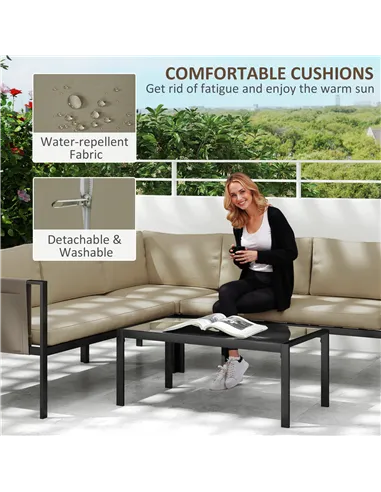 Outsunny 5 Seater Garden Corner Sofa Set, 4 Pieces Metal Garden Furniture Set with Loveseats, Glass Top Coffee Table, Breathable