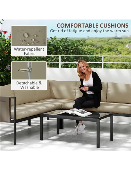Outsunny 5 Seater Garden Corner Sofa Set, 4 Pieces Metal Garden Furniture Set with Loveseats, Glass Top Coffee Table, Breathable