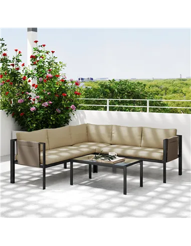 Outsunny 5 Seater Garden Corner Sofa Set, 4 Pieces Metal Garden Furniture Set with Loveseats, Glass Top Coffee Table, Breathable