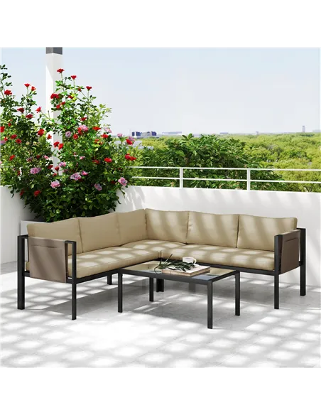 Outsunny 5 Seater Garden Corner Sofa Set, 4 Pieces Metal Garden Furniture Set with Loveseats, Glass Top Coffee Table, Breathable