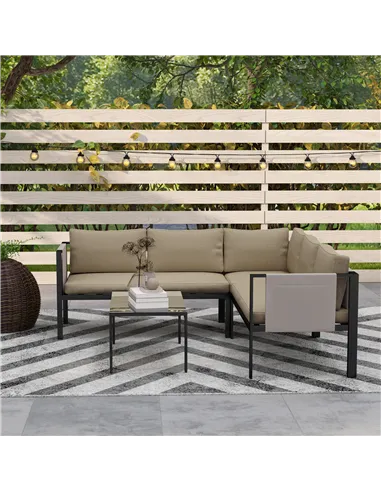 Outsunny 5 Seater Garden Corner Sofa Set, 4 Pieces Metal Garden Furniture Set with Loveseats, Glass Top Coffee Table, Breathable