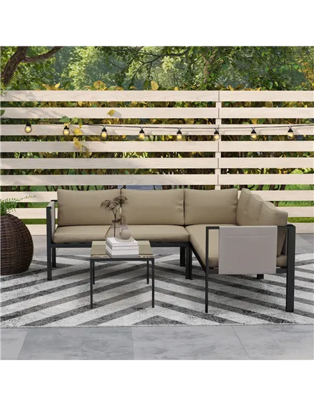 Outsunny 5 Seater Garden Corner Sofa Set, 4 Pieces Metal Garden Furniture Set with Loveseats, Glass Top Coffee Table, Breathable