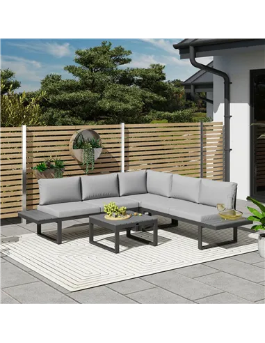 Outsunny 4 Pieces Garden Furniture Set, 5-Level Reclining Garden Corner Sofa Set, Outdoor Lounge Conversation Sectional with Cus