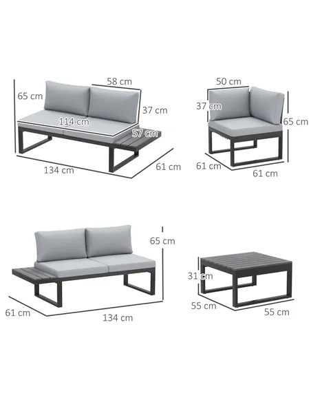 Outsunny 4 Pieces Garden Furniture Set, 5-Level Reclining Garden Corner Sofa Set, Outdoor Lounge Conversation Sectional with Cus