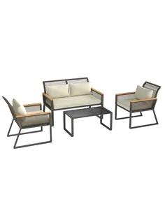 Outsunny Four Piece Wicker Rope Garden Furniture Set with Glass Top Coffee Table - Grey