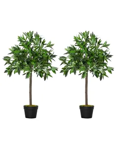 Outsunny Artificial Bay Laurel Topiary Trees w/ Pot Fake, Set Of 2 90cm/3FT Indoor Greenery Plant Home Office Garden Decor Green