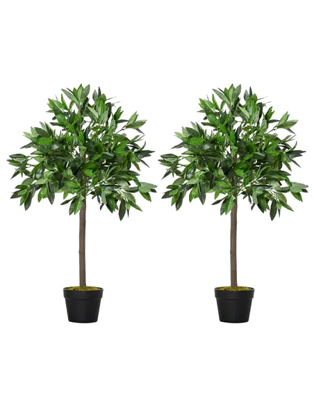 Outsunny Artificial Bay Laurel Topiary Trees w/ Pot Fake, Set Of 2 90cm/3FT Indoor Greenery Plant Home Office Garden Decor Green