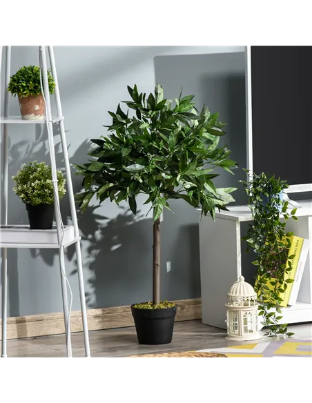 Outsunny Artificial Bay Laurel Topiary Trees w/ Pot Fake, Set Of 2 90cm/3FT Indoor Greenery Plant Home Office Garden Decor Green