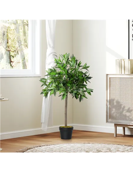 Outsunny Artificial Bay Laurel Topiary Trees w/ Pot Fake, Set Of 2 90cm/3FT Indoor Greenery Plant Home Office Garden Decor Green