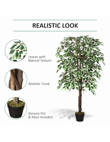 Outsunny 160cm/5.2FT Artificial Ficus Silk Tree with Nursery Pot, Decorative Fake Plant, for Indoor Outdoor Décor