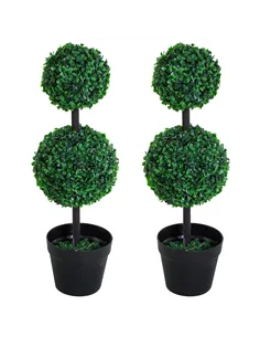 Outsunny Set of 2 Artificial Boxwood Ball Topiary Trees Potted Decorative Plant Indoor Décor (67cm)