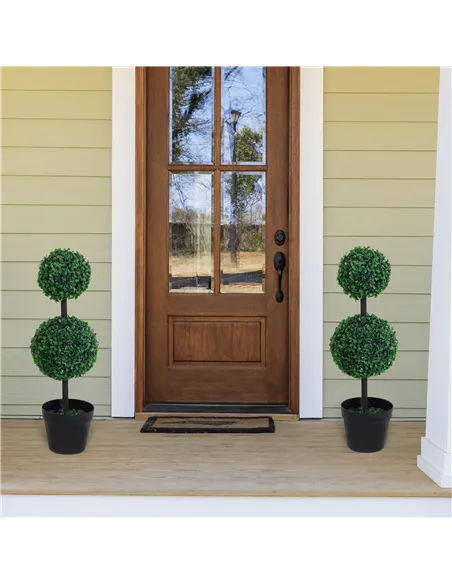 Outsunny Set of 2 Artificial Boxwood Ball Topiary Trees Potted Decorative Plant Indoor Décor (67cm)