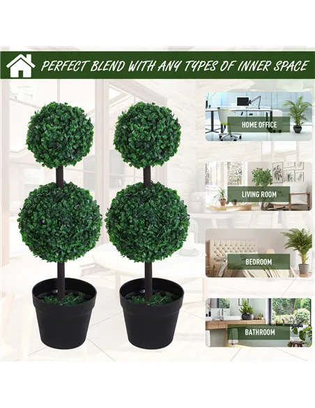 Outsunny Set of 2 Artificial Boxwood Ball Topiary Trees Potted Decorative Plant Indoor Décor (67cm)