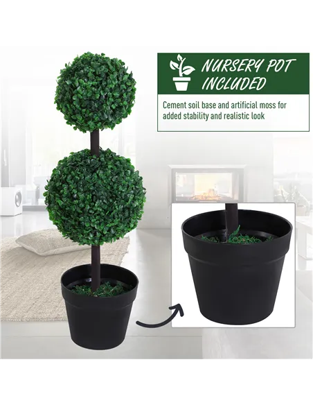 Outsunny Set of 2 Artificial Boxwood Ball Topiary Trees Potted Decorative Plant Indoor Décor (67cm)