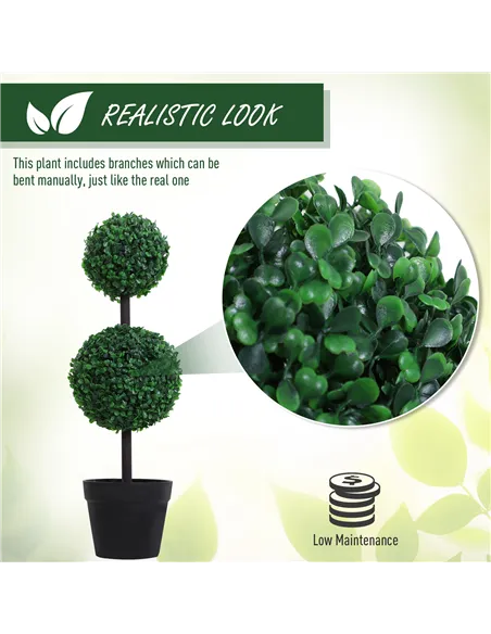 Outsunny Set of 2 Artificial Boxwood Ball Topiary Trees Potted Decorative Plant Indoor Décor (67cm)