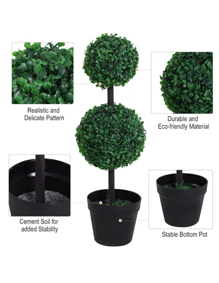 Outsunny Set of 2 Artificial Boxwood Ball Topiary Trees Potted Decorative Plant Indoor Décor (67cm)