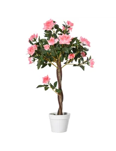 Outsunny Artificial Plants Pink Rose Floral in Pot, Fake Plants for Home Indoor Decor, 90cm
