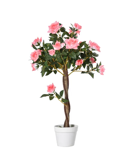 Outsunny Artificial Plants Pink Rose Floral in Pot, Fake Plants for Home Indoor Decor, 90cm