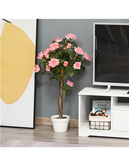 Outsunny Artificial Plants Pink Rose Floral in Pot, Fake Plants for Home Indoor Decor, 90cm