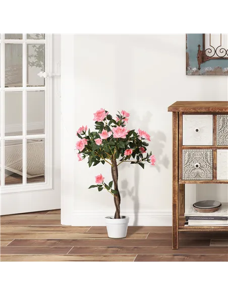 Outsunny Artificial Plants Pink Rose Floral in Pot, Fake Plants for Home Indoor Decor, 90cm