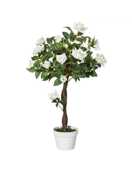 Outsunny Artificial Plants White Rose Floral in Pot, Fake Plants for Home Indoor Decor, 90cm
