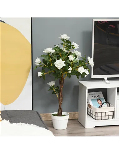 Outsunny Artificial Plants White Rose Floral in Pot, Fake Plants for Home Indoor Decor, 90cm