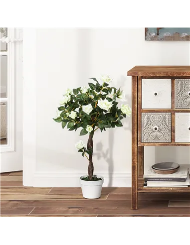 Outsunny Artificial Plants White Rose Floral in Pot, Fake Plants for Home Indoor Decor, 90cm