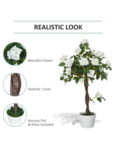 Outsunny Artificial Plants White Rose Floral in Pot, Fake Plants for Home Indoor Decor, 90cm