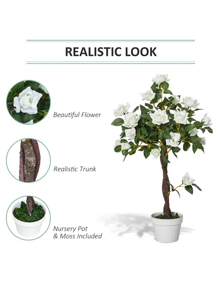 Outsunny Artificial Plants White Rose Floral in Pot, Fake Plants for Home Indoor Decor, 90cm