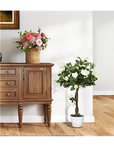 Outsunny Artificial Plants White Rose Floral in Pot, Fake Plants for Home Indoor Decor, 90cm