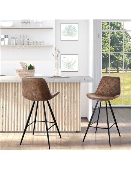 HOMCOM Set Of 2 Bar Stools Vintage Microfiber Cloth Tub Seats Padded Comfortable Steel Frame Footrest Quilted Home Bar Cafe Kitc