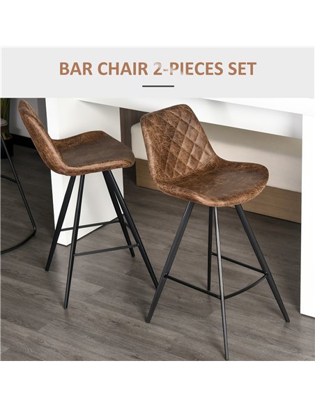 HOMCOM Set Of 2 Bar Stools Vintage Microfiber Cloth Tub Seats Padded Comfortable Steel Frame Footrest Quilted Home Bar Cafe Kitc