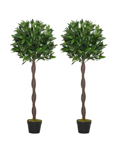Outsunny Artificial Bay Laurel Topiary Trees w/ Pot Fake, Set Of 2 120cm/4FT Indoor Greenery Plant Home Office Garden Decor Gree