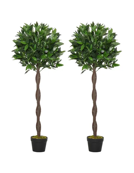 Outsunny Artificial Bay Laurel Topiary Trees w/ Pot Fake, Set Of 2 120cm/4FT Indoor Greenery Plant Home Office Garden Decor Gree
