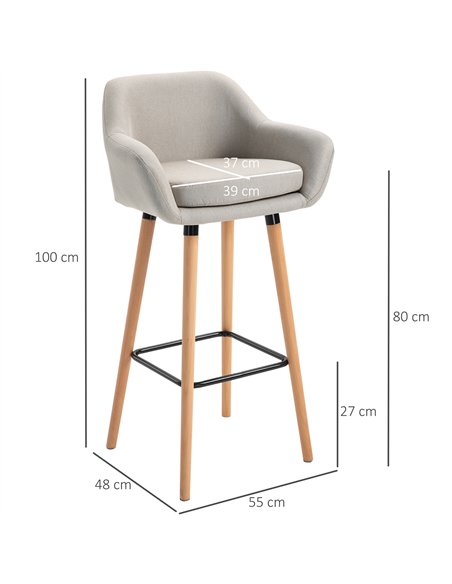 HOMCOM Set of 2 Bar Stools Modern Upholstered Seat Bar Chairs w/ Metal Frame, Solid Wood Legs Living Room Dining Room Fabric Fur
