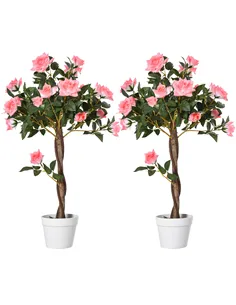 Outsunny Set of 2 Artificial Plants Pink Rose Floral in Pot, Fake Plants for Home Indoor Outdoor Decor, 90cm