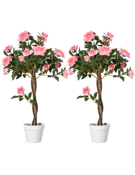 Outsunny Set of 2 Artificial Plants Pink Rose Floral in Pot, Fake Plants for Home Indoor Outdoor Decor, 90cm