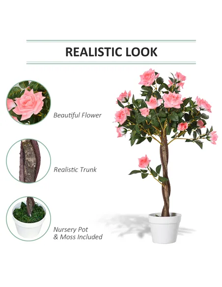 Outsunny Set of 2 Artificial Plants Pink Rose Floral in Pot, Fake Plants for Home Indoor Outdoor Decor, 90cm