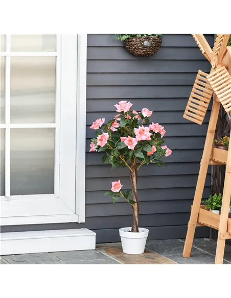 Outsunny Set of 2 Artificial Plants Pink Rose Floral in Pot, Fake Plants for Home Indoor Outdoor Decor, 90cm